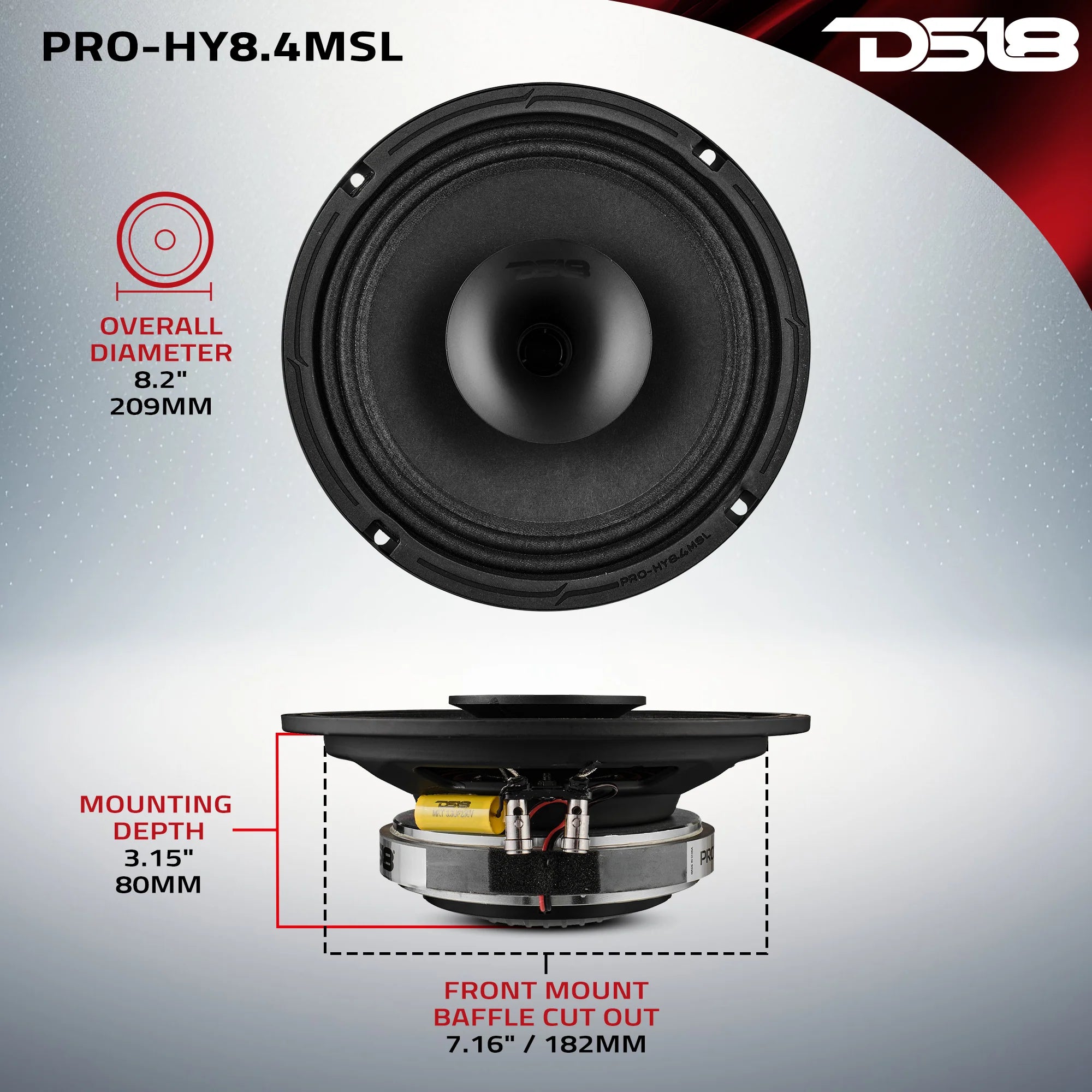 DS18 PRO 8" Shallow Coaxial Hybrid Mid-Range Loudspeaker with Built-in Driver 200 Watts Rms 4-Ohm (Single Unit)