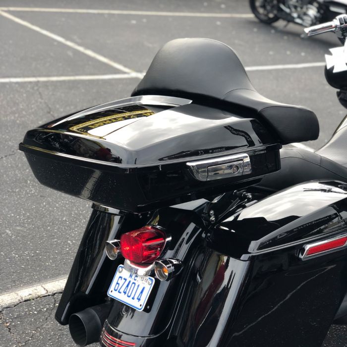 Hogworkz Vivid Black Chopped Tour Pack w/ Full Backrest & Chrome Hardware for Harley® Touring '97-'22